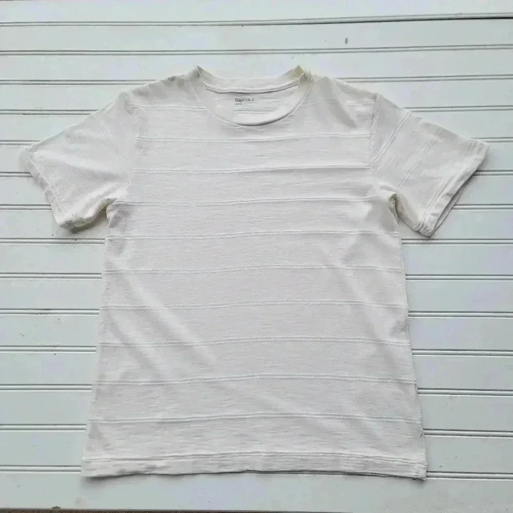 Gap Kids Cotton Poly Blend Pocket T-Shirt Off-White Ivory Striped Sz M 8
